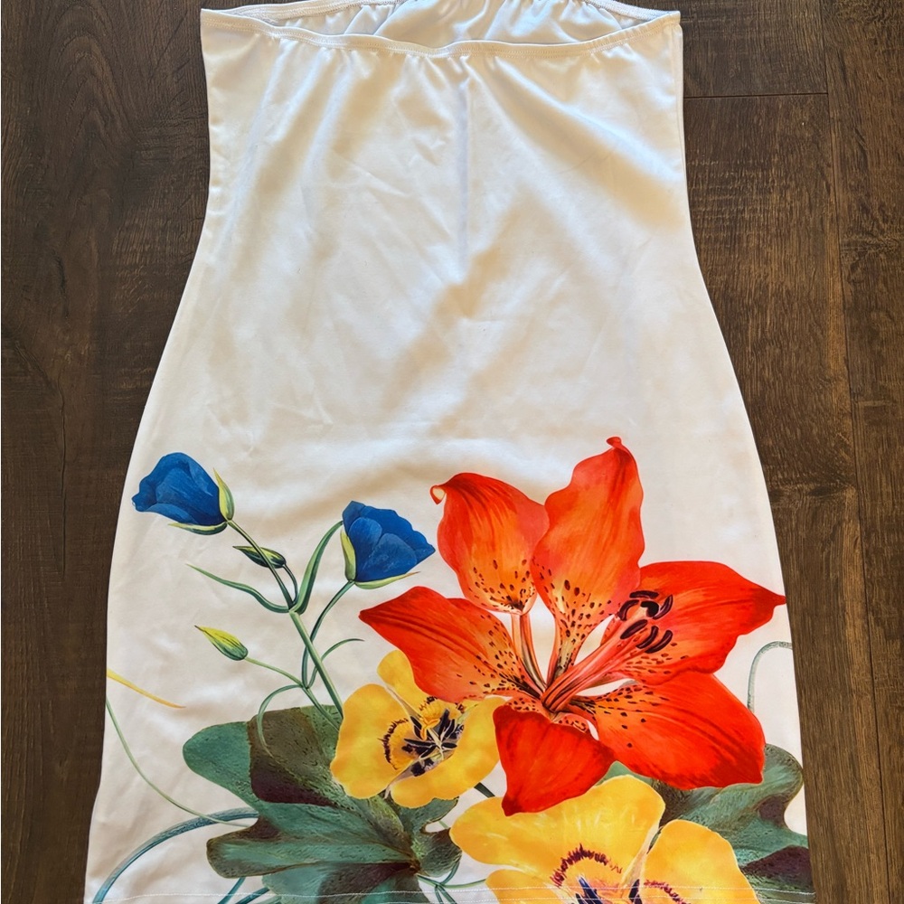 Floral Print Mini Dress - White with Red and Blue Accents